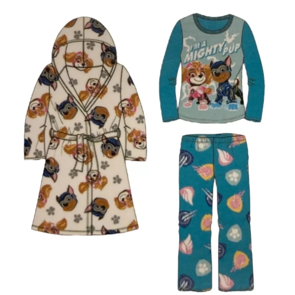 Nickelodeon Paw Patrol Kid's 3 Piece Plush Hooded Robe & Pajama Set Size 2T New
